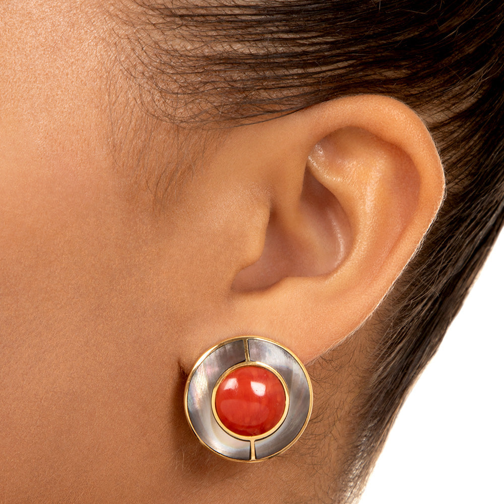 Estate Coral and Black Mother-of-Pearl Earrings - 5