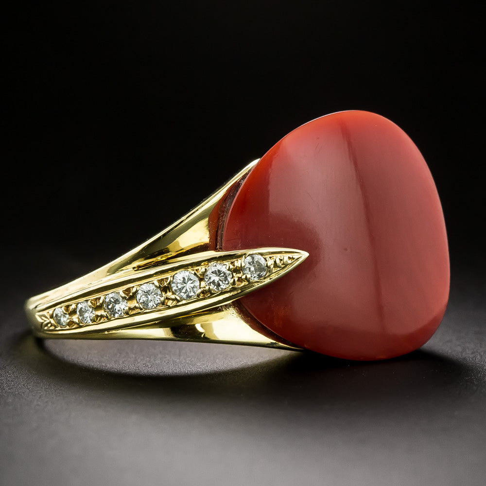 Estate Coral and Diamond Ring - 4