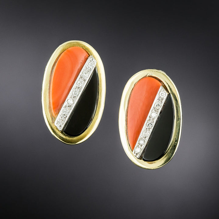 Estate Coral, Onyx and Diamond Clip Earrings