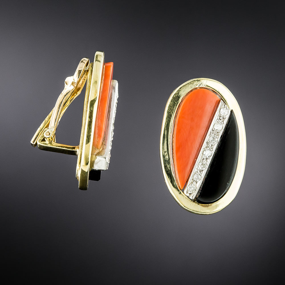Estate Coral, Onyx and Diamond Clip Earrings - 3
