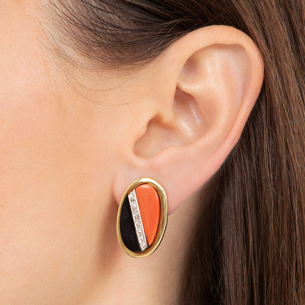 Estate Coral, Onyx and Diamond Clip Earrings - 4