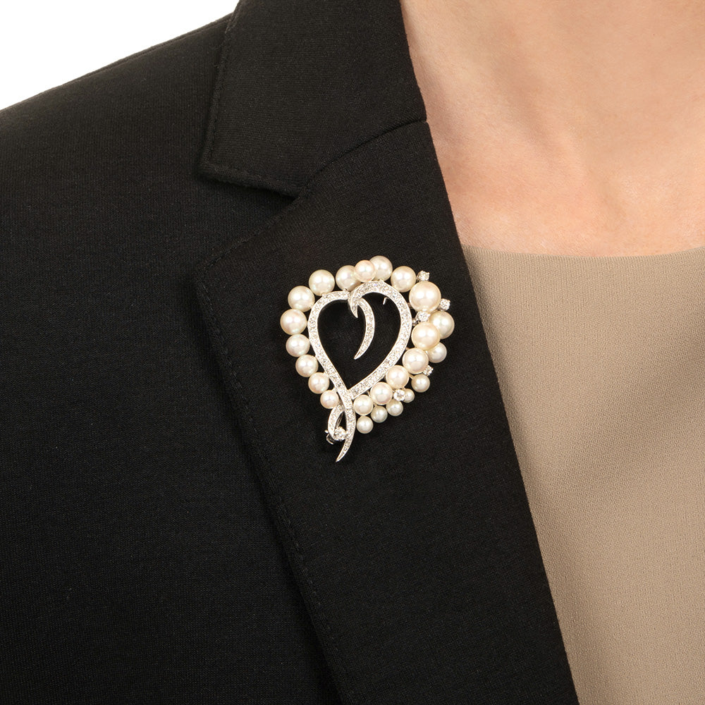 Estate Cultured Pearl and Diamond Heart Brooch - 3