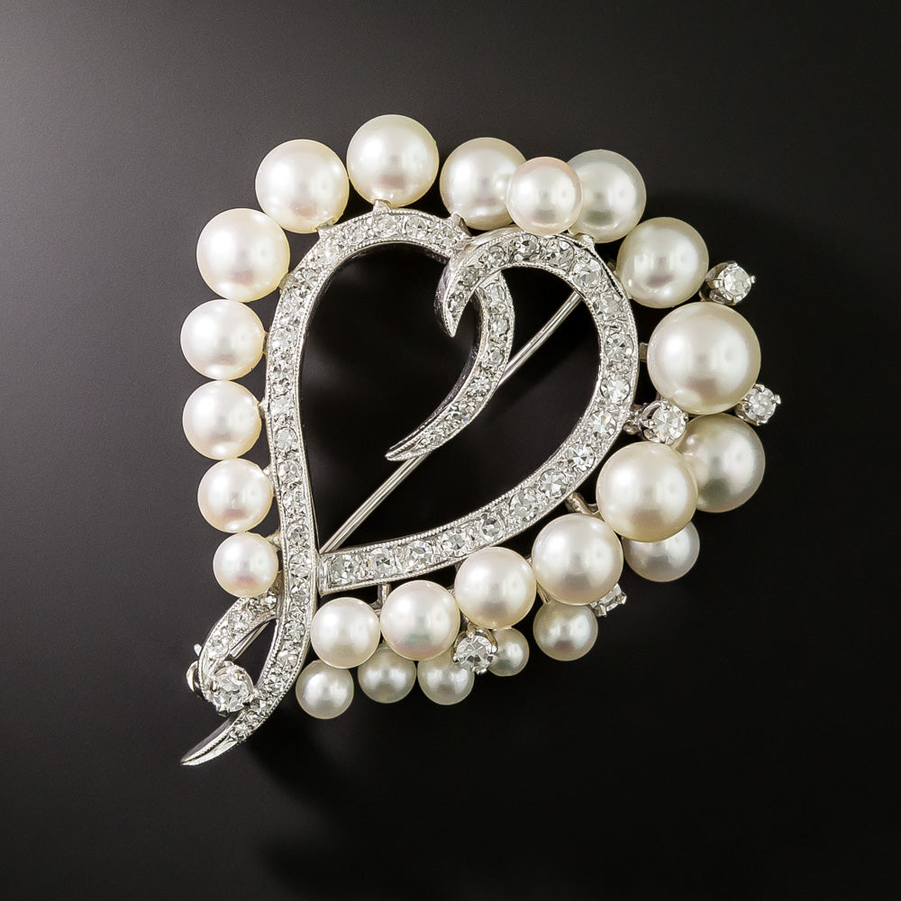 Estate Cultured Pearl and Diamond Heart Brooch - 2