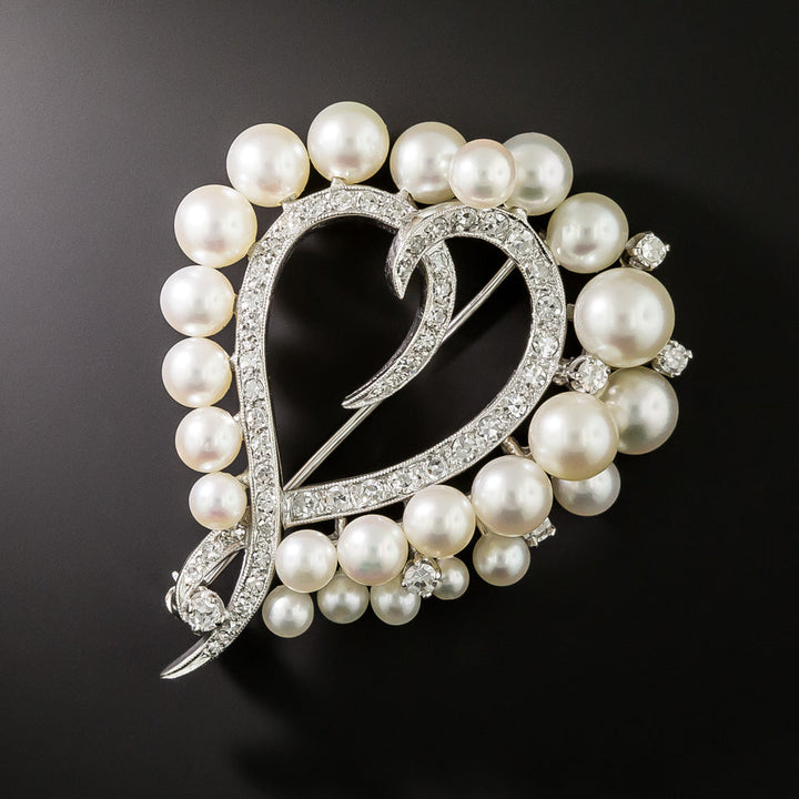 Estate Cultured Pearl and Diamond Heart Brooch