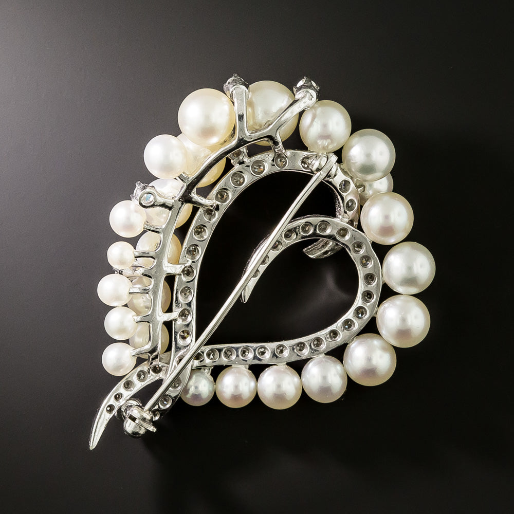 Estate Cultured Pearl and Diamond Heart Brooch - 3