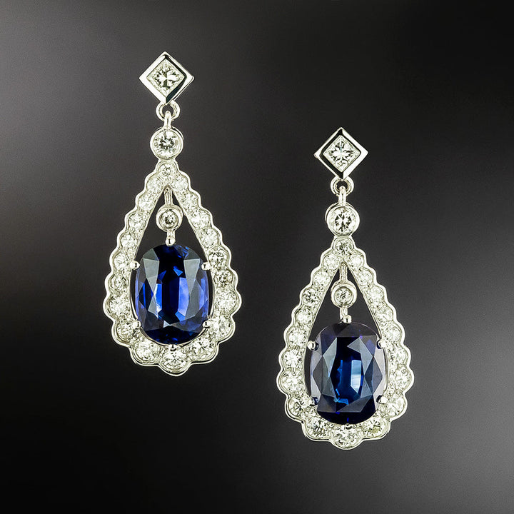 Estate Diamond and Sapphire Drop Earrings - GIA