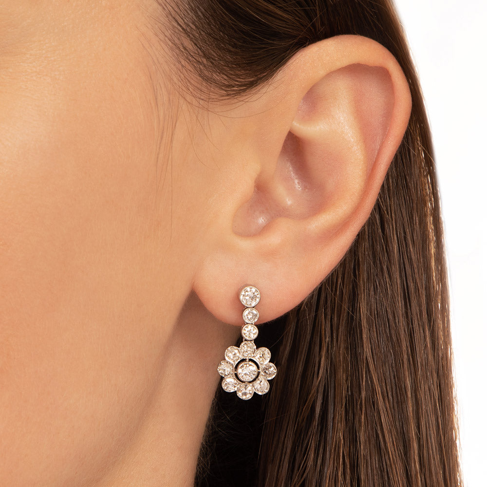 Diamond Dangle Flower Earrings - 4