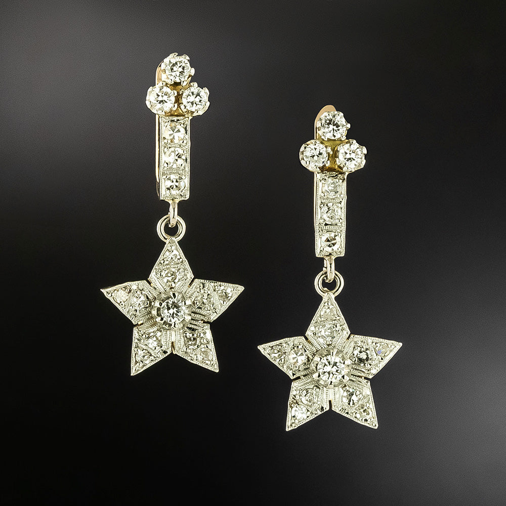 Estate Diamond Star Drop Earrings - 2