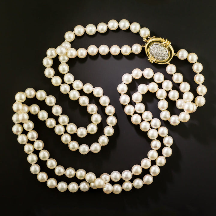 Estate Double Opera Length Strand Of 9-9.5 mm. Cultured Pearls with Diamond Clasp