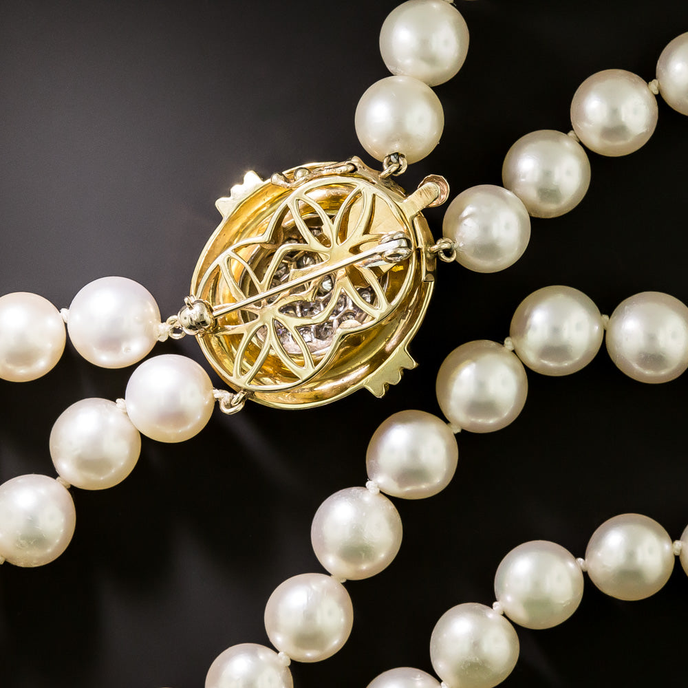 Estate Double Opera Length Strand Of 9-9.5 mm. Cultured Pearls with Diamond Clasp - 4