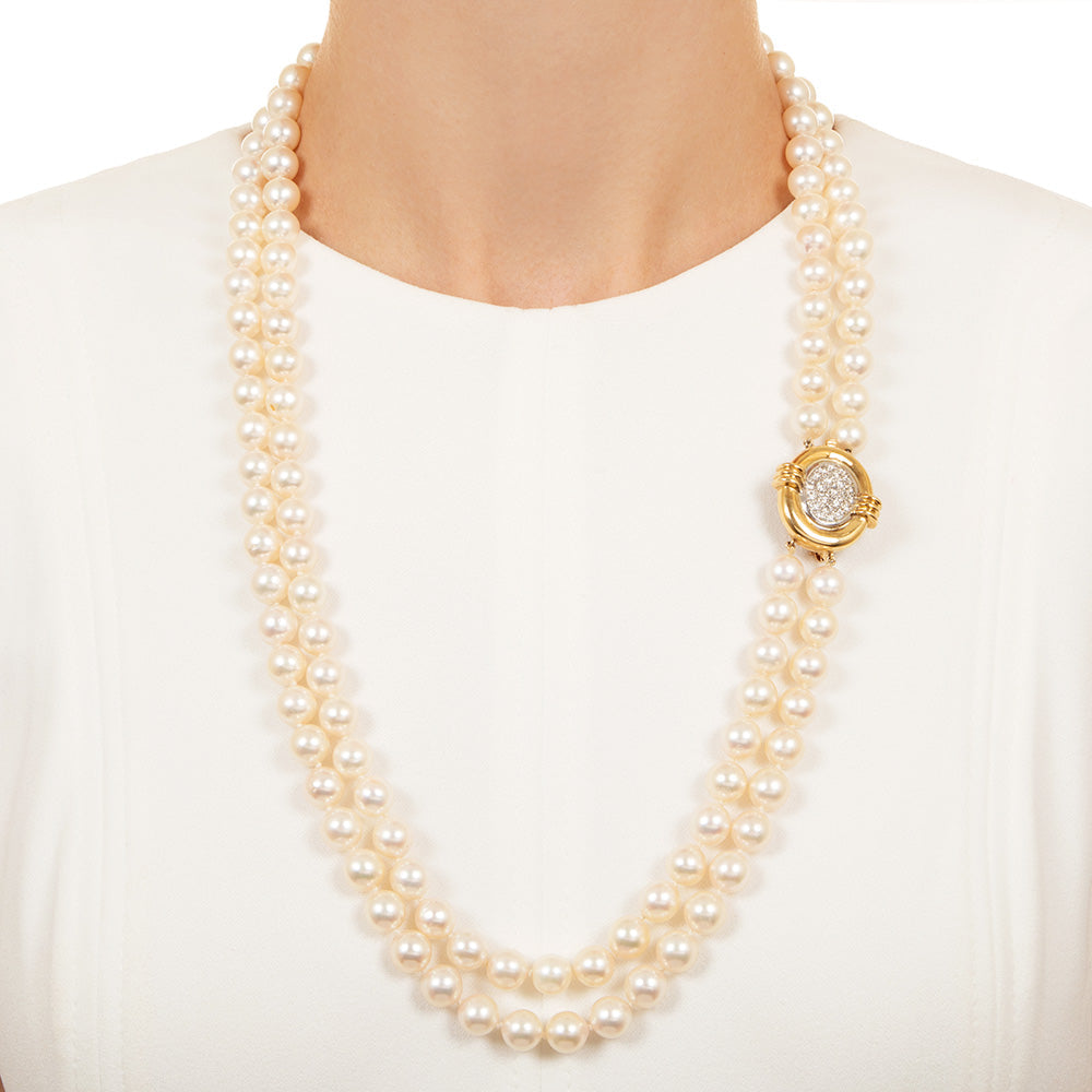 Estate Double Opera Length Strand Of 9-9.5 mm. Cultured Pearls with Diamond Clasp - 6