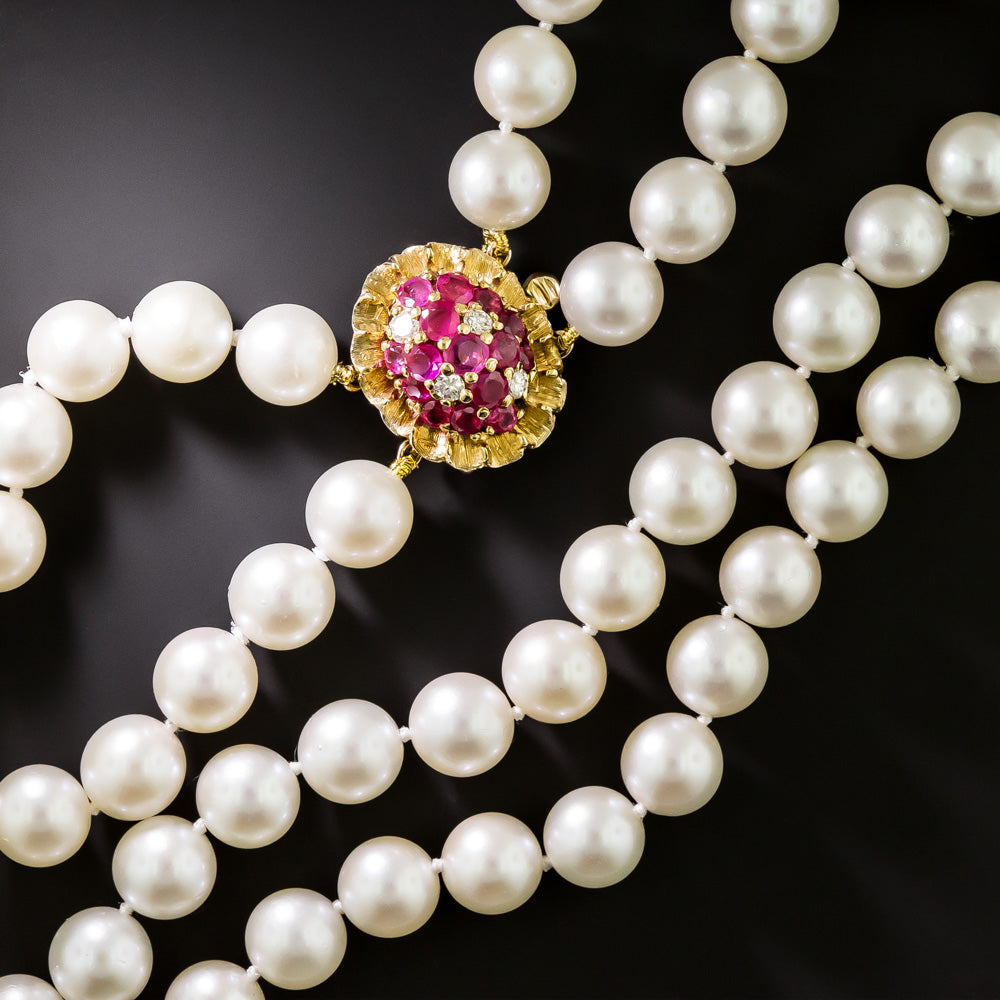 Estate Double-Strand Cultured Pearl Necklace with Ruby and Diamond Clasp - 2
