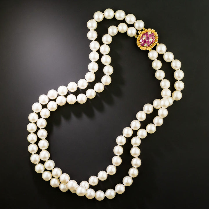 Estate Double-Strand Cultured Pearl Necklace with Ruby and Diamond Clasp