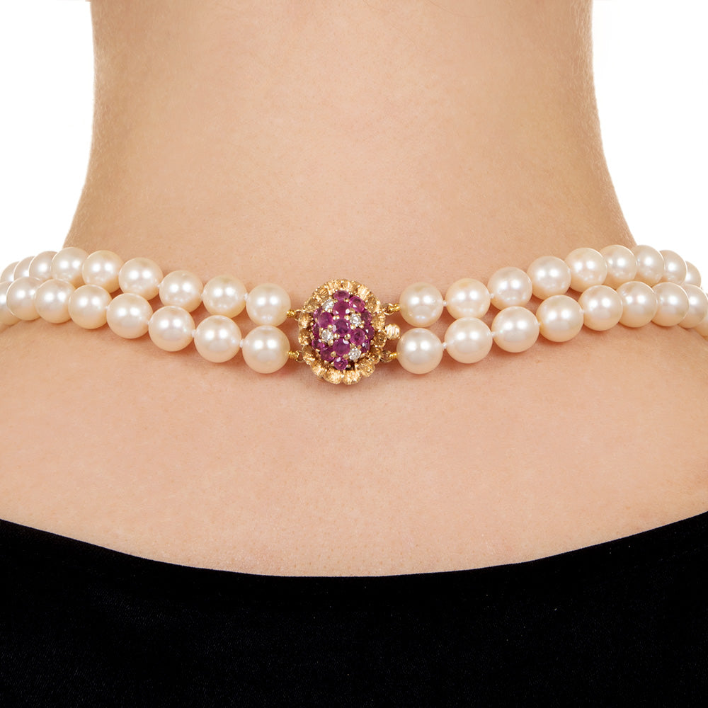 Estate Double-Strand Cultured Pearl Necklace with Ruby and Diamond Clasp - 5