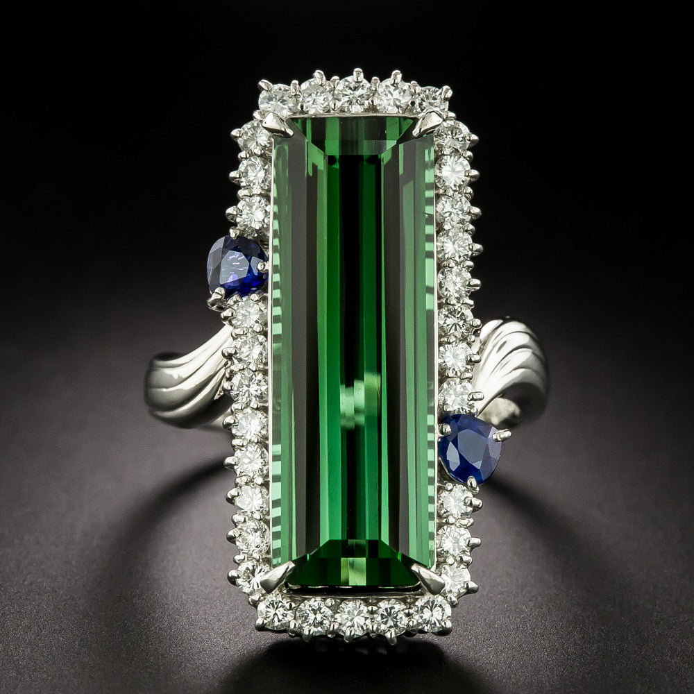 Estate Elongated  Blue-Green Tourmaline, Sapphire and Diamond Ring - 3