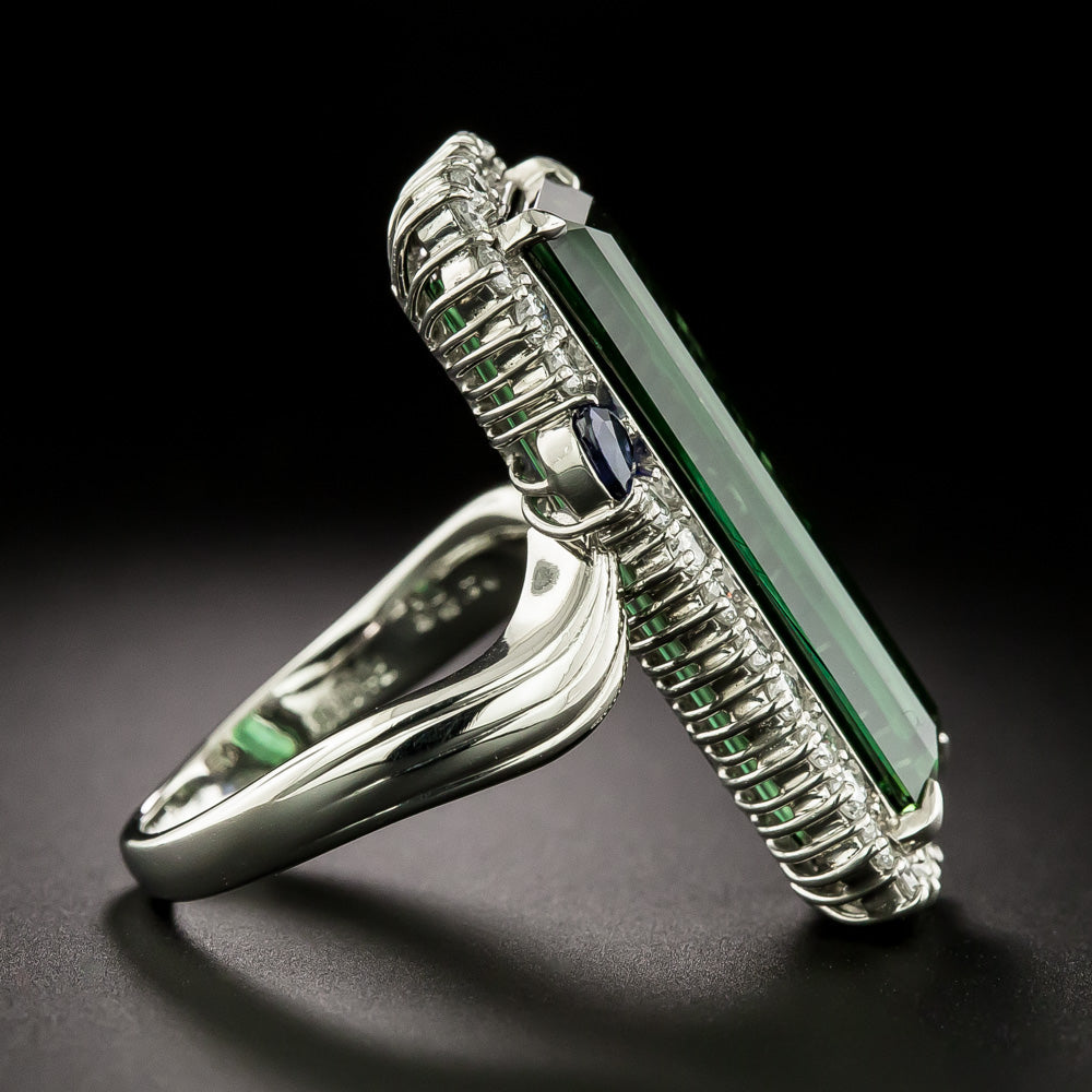 Estate Elongated  Blue-Green Tourmaline, Sapphire and Diamond Ring - 4