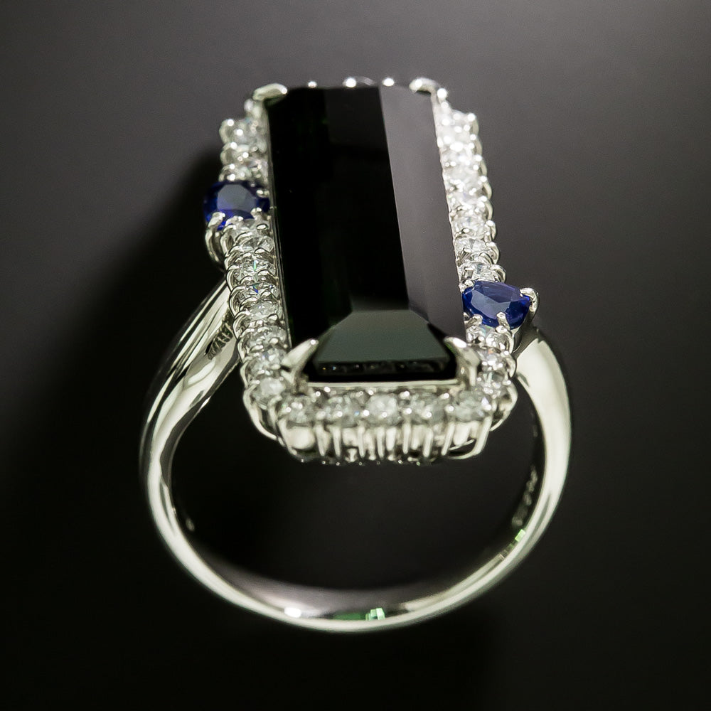Estate Elongated  Blue-Green Tourmaline, Sapphire and Diamond Ring - 5