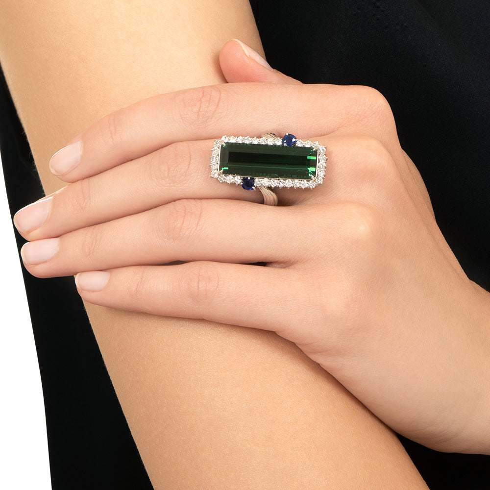 Estate Elongated  Blue-Green Tourmaline, Sapphire and Diamond Ring - 6