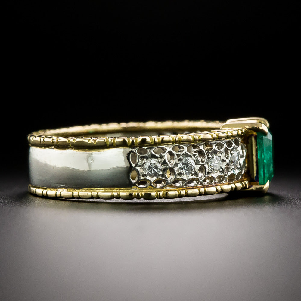Estate Emerald and Diamond Filigree Band Ring - 4
