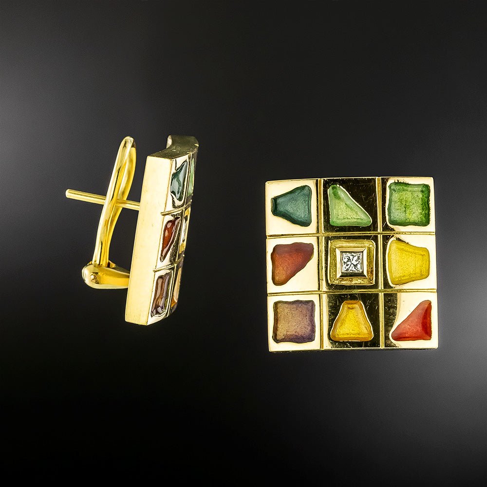 Estate Enamel and Diamond Earrings by Bagués, Spain - 3