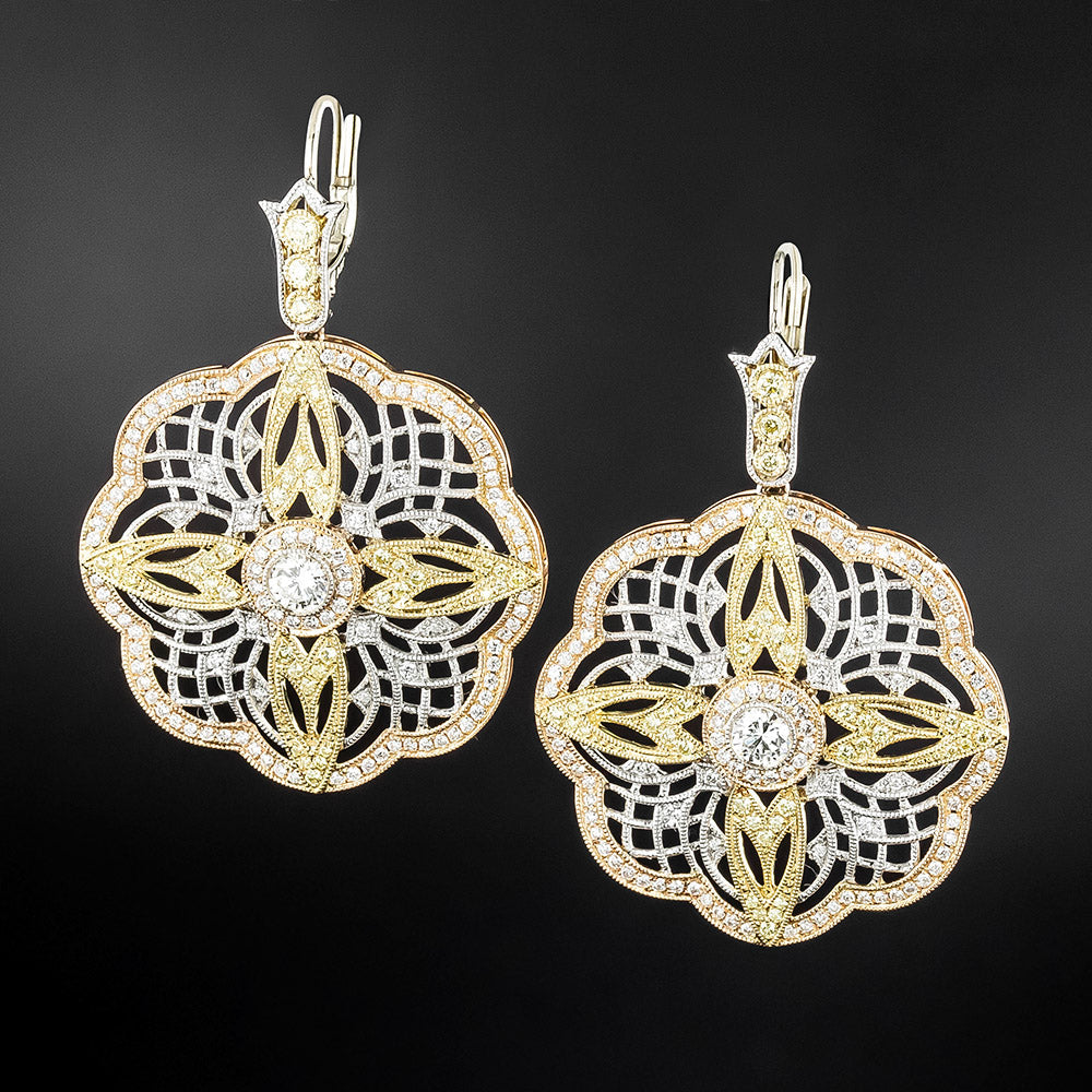 Estate Filigree Diamond Flower Earrings - 1