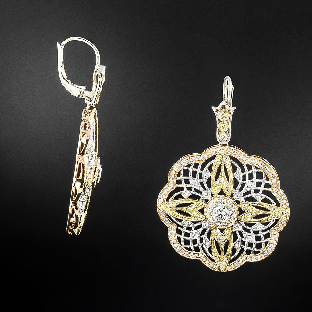 Estate Filigree Diamond Flower Earrings - 2