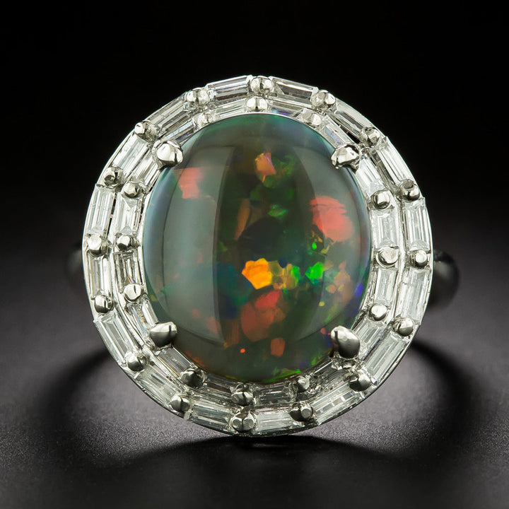 Estate Fine Black Opal and Diamond Double Halo Ring