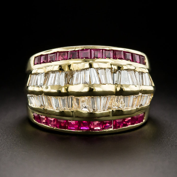 Estate Five-Row Diamond and Ruby Ring