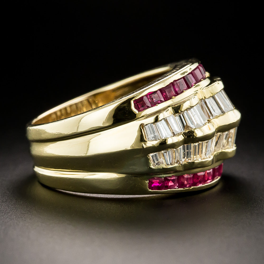 Estate Five-Row Diamond and Ruby Ring - 4