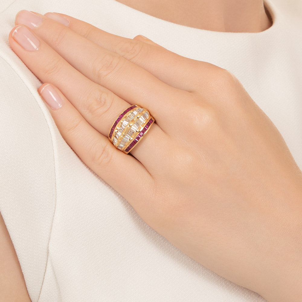 Estate Five-Row Diamond and Ruby Ring - 6