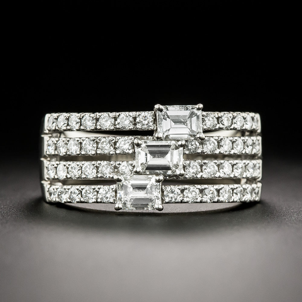 Estate Four-Row Diamond Band with Emerald-Cut Diamonds - 2