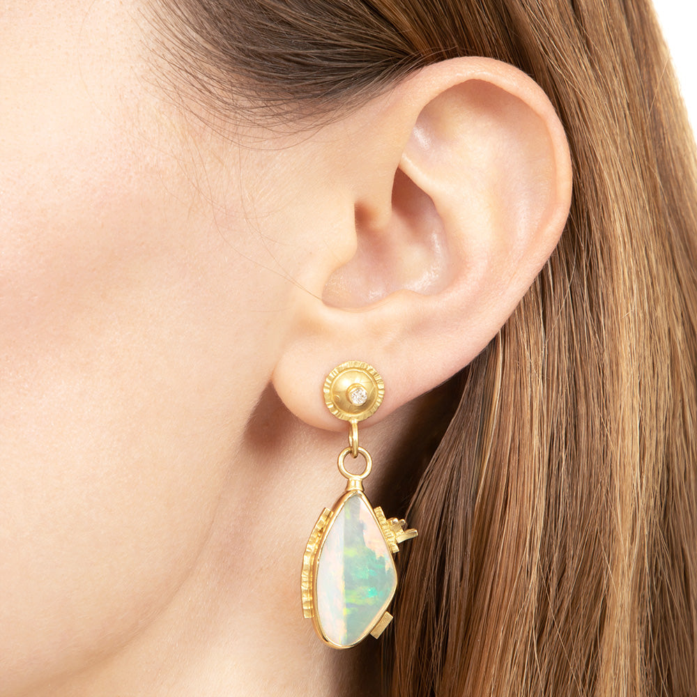 Estate Free-Form Opal and Diamond Dangle Earrings - 4