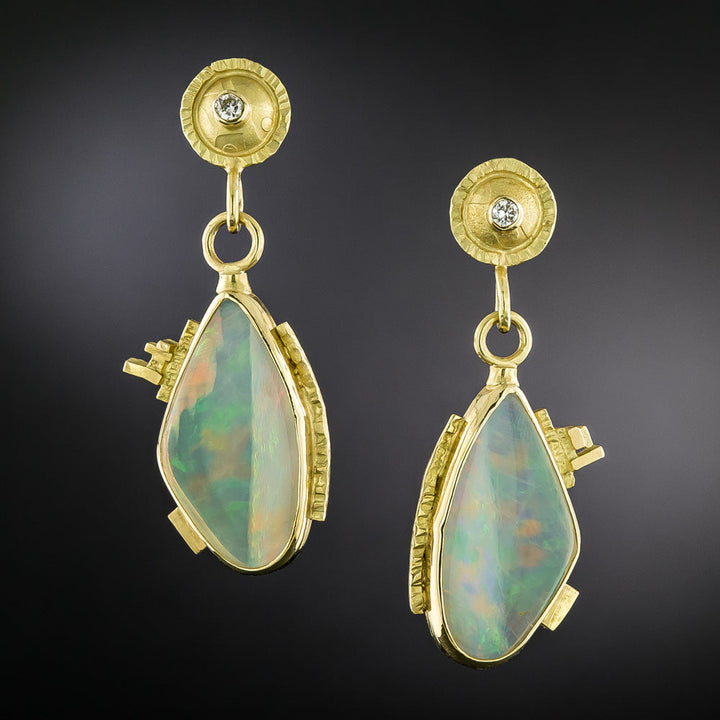 Estate Free-Form Opal and Diamond Dangle Earrings