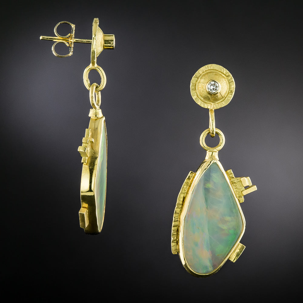 Estate Free-Form Opal and Diamond Dangle Earrings - 3