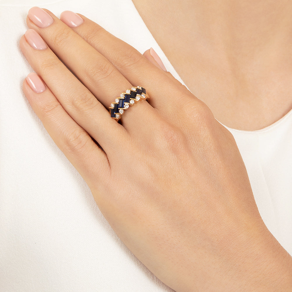 Estate Geometric Sapphire and Diamond Band Ring - 6