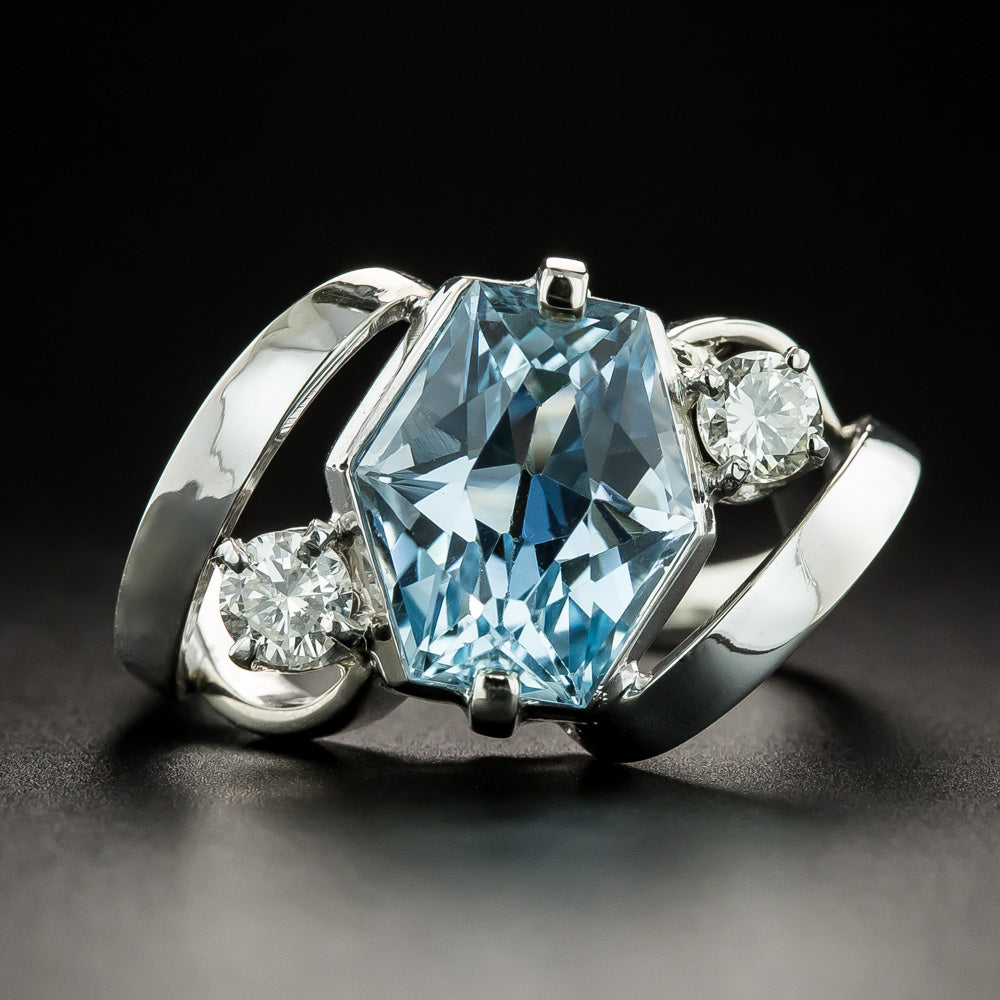 Estate Hexagonal Aquamarine and Diamond Ring - 2