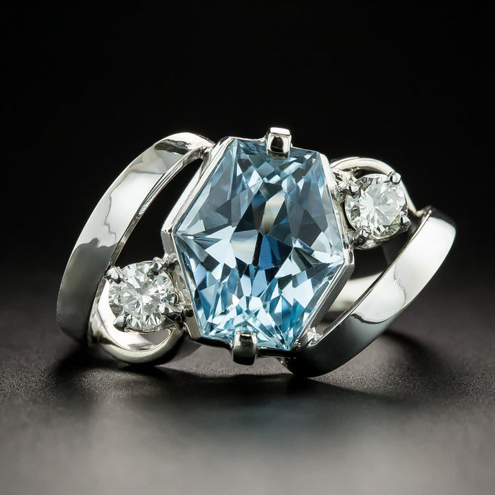 Estate Hexagonal Aquamarine and Diamond Ring