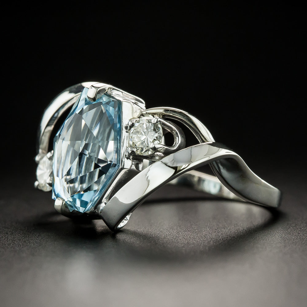 Estate Hexagonal Aquamarine and Diamond Ring - 4