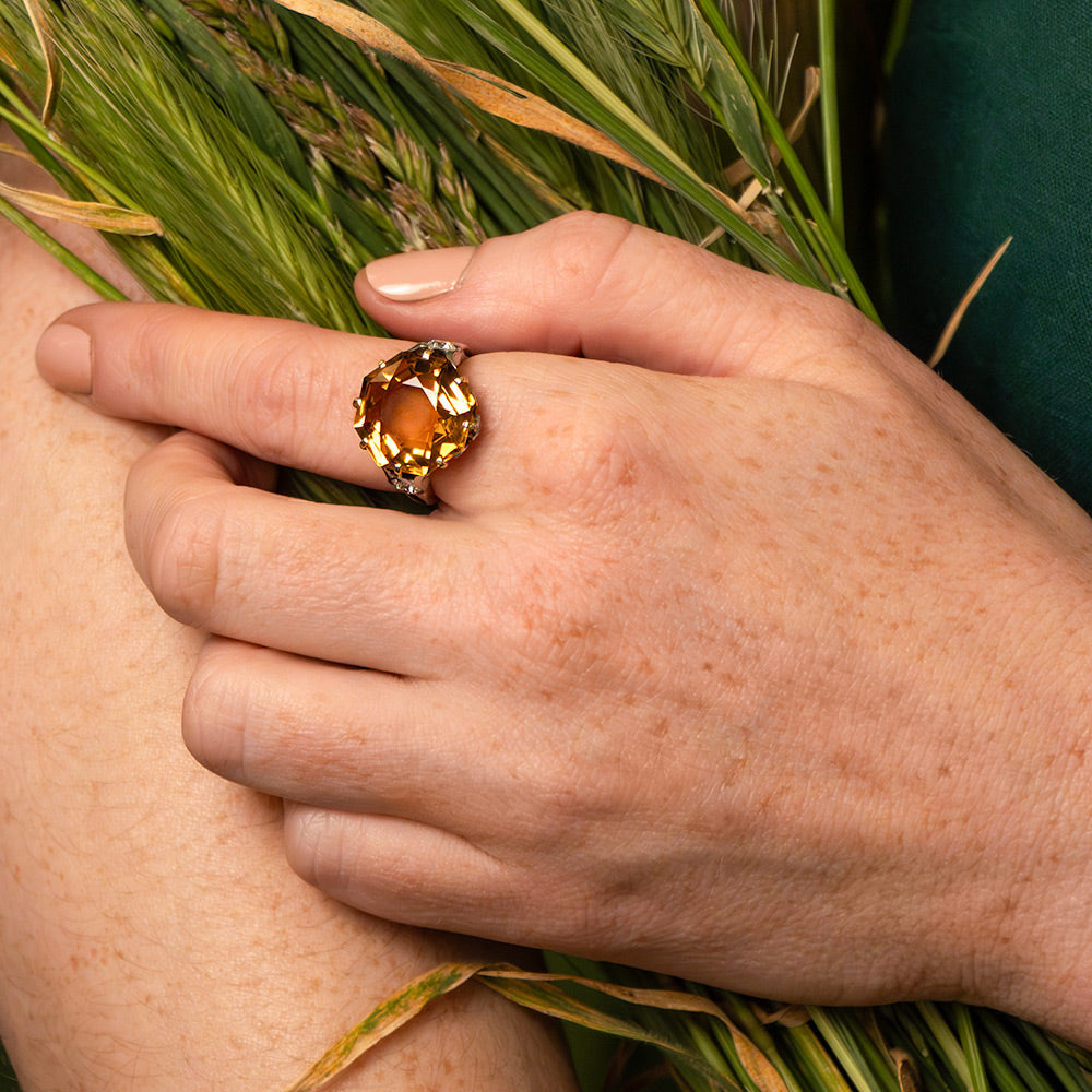 Estate Hexagonal Citrine and Diamond Ring - 6