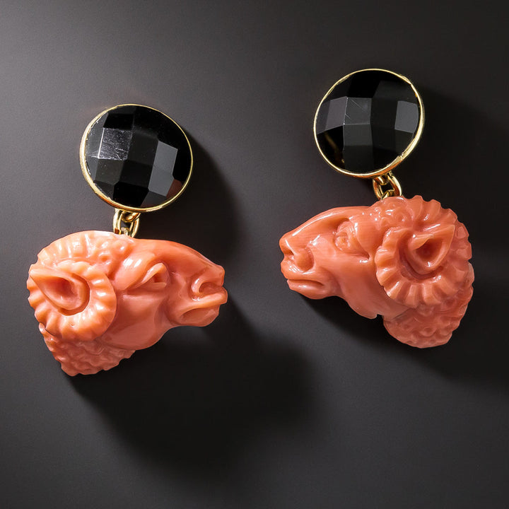 Estate Italian Coral Ram's Head and Onyx Cuff Links