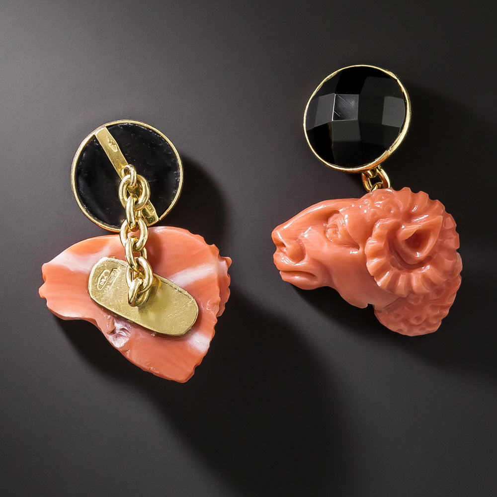 Estate Italian Coral Ram's Head and Onyx Cuff Links - 4
