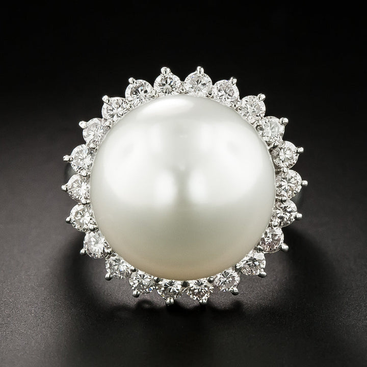 Estate Large South Sea Pearl Double Diamond Halo Ring