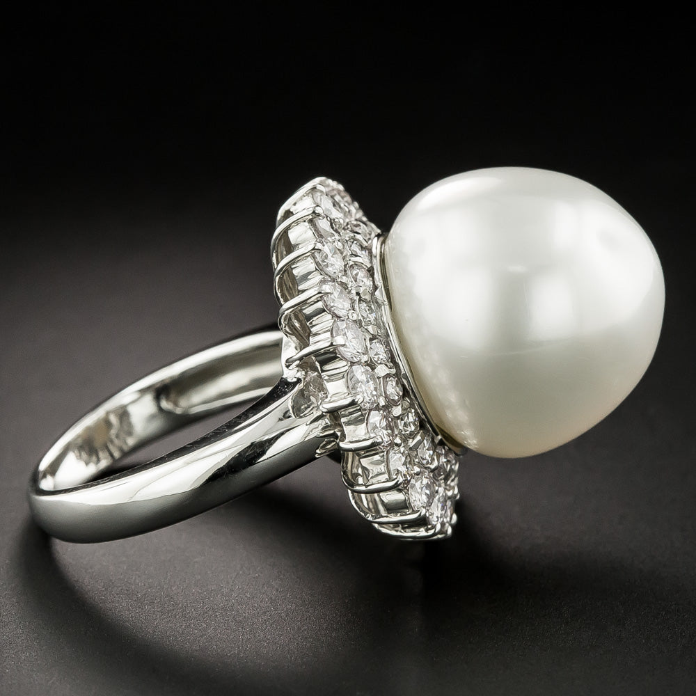 Estate Large South Sea Pearl Double Diamond Halo Ring - 4