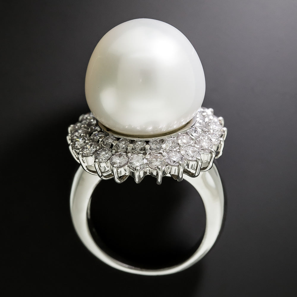 Estate Large South Sea Pearl Double Diamond Halo Ring - 5