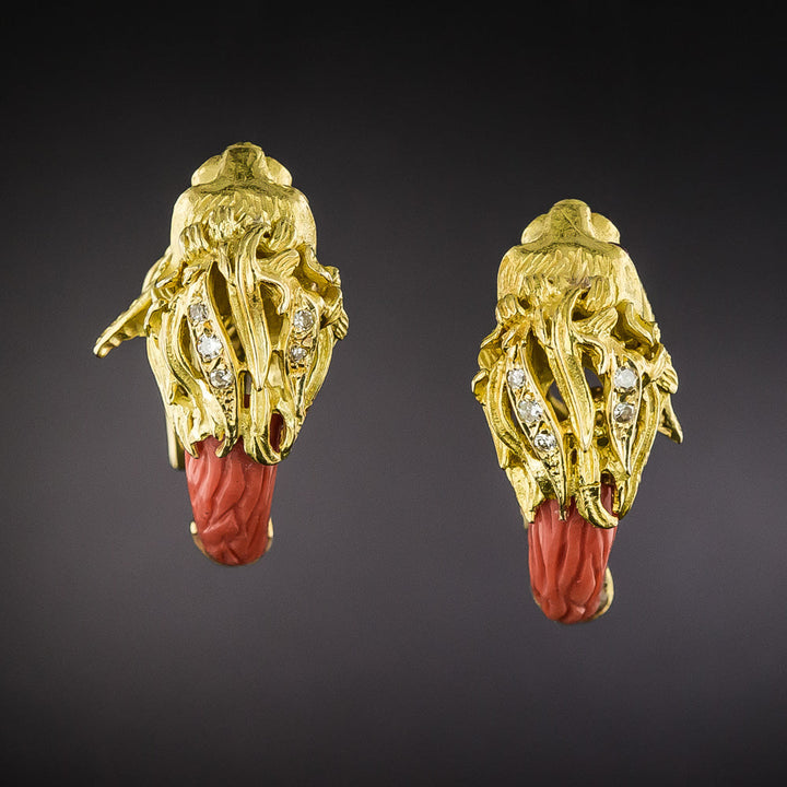 Estate Lion's Head Coral Clip Earrings