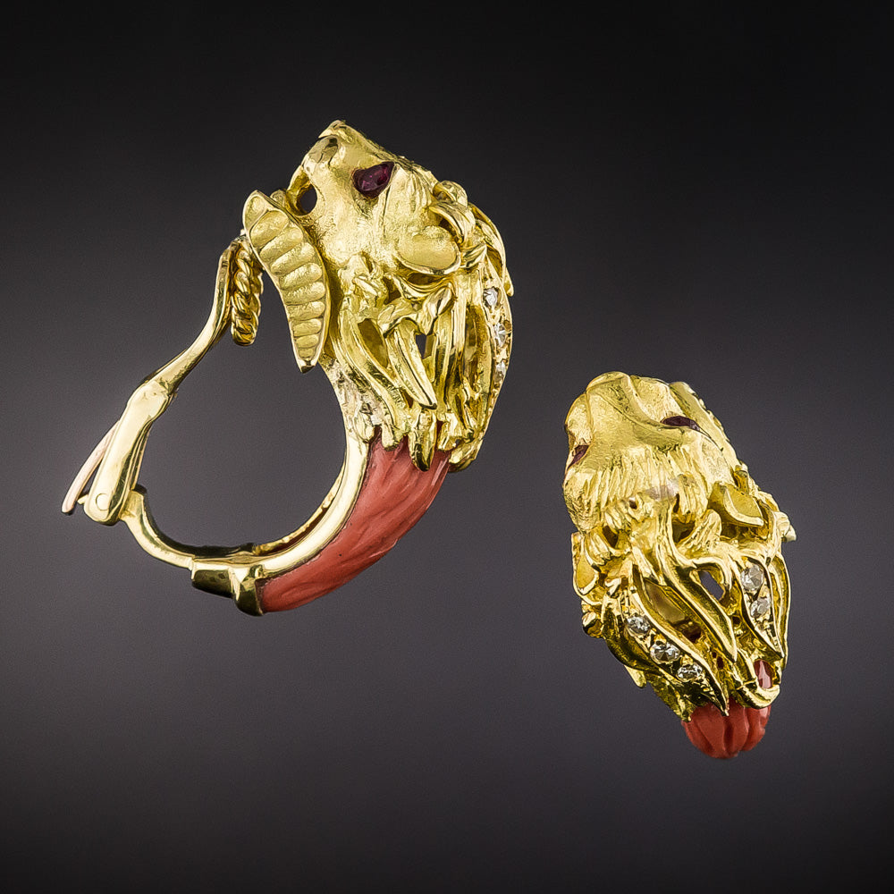 Estate Lion's Head Coral Clip Earrings - 4