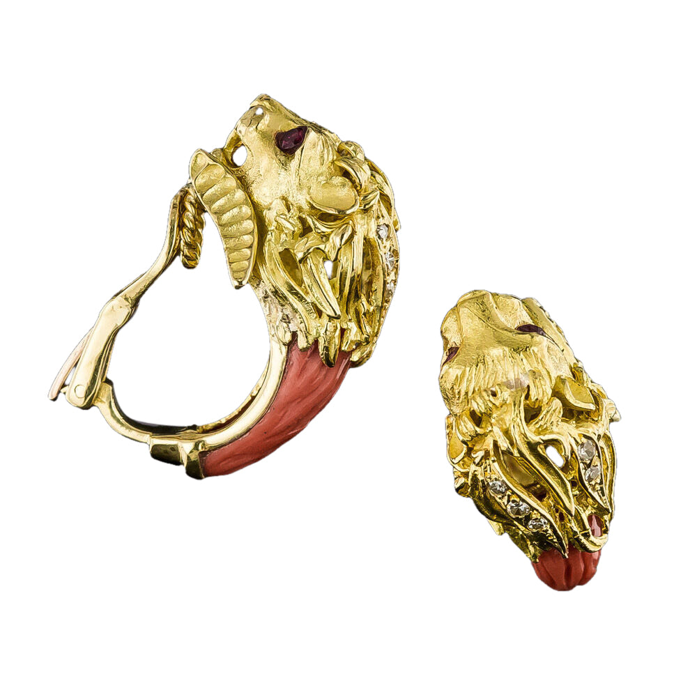 Estate Lion's Head Coral Clip Earrings - 3