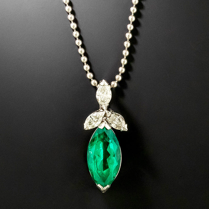 Estate Marquise Emerald and Diamond Pendant - GIA F1 - 4