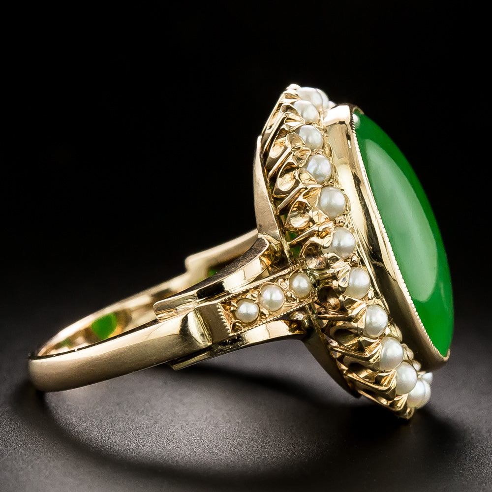 Estate Natural Burmese Jade and Pearl Halo Ring - 3