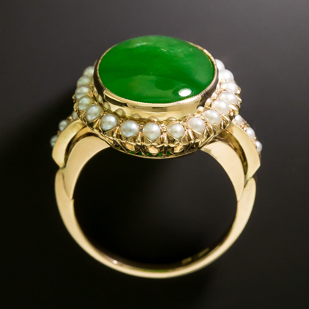 Estate Natural Burmese Jade and Pearl Halo Ring - 4
